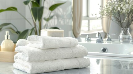 Sticker - Cotton towels displayed on bright bathroom background for product showcase.