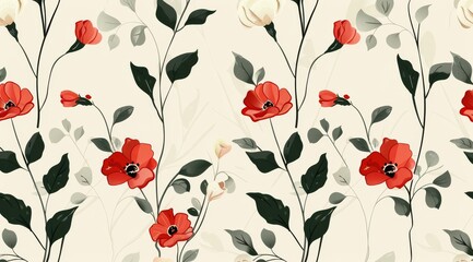 Wall Mural - An intricate and beautifully detailed floral design featuring vibrant red flowers paired with lush green foliage