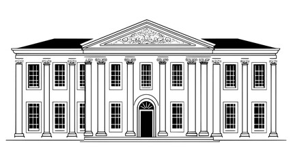 Classical building with columns, detailed cornice, and arched windows, vector illustration art