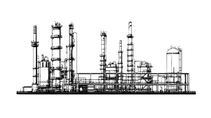 Detailed depiction of a chemical plant with reactors, storage tanks, and extensive piping systems, vector illustration art