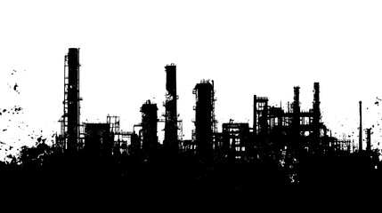 Detailed depiction of a chemical plant with reactors, storage tanks, and extensive piping systems, vector illustration art