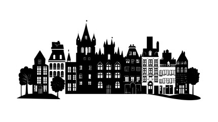 Historic castle in modern urban setting with buildings and trees, vector illustration art