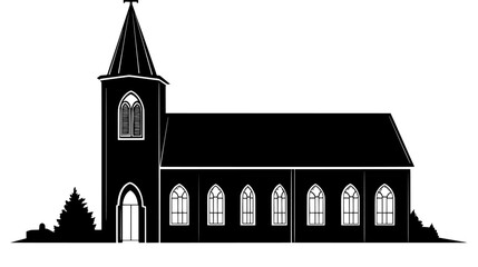 Large church with central tower, arched windows, and cross on the roof, vector illustration art