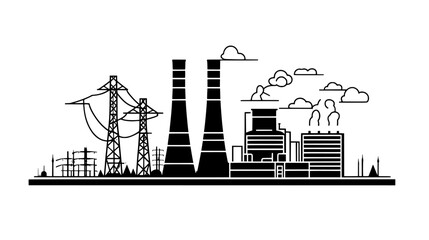 Wall Mural - Power plant with cooling towers, electrical generators, and a network of transmission lines extending outward, vector illustration art