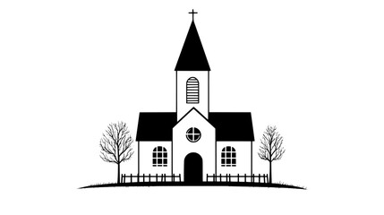 Protestant church with tall steeple and simple architectural lines, vector illustration art