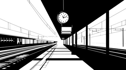 Railway station with long platform, large clock, and multiple tracks visible, vector illustration art