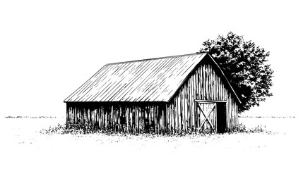 old wooden barn with weathered siding, positioned next to a vast, open field, vector illustration ar