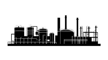 Wall Mural - Large facility with multiple chimneys, next to rows of storage tanks, vector illustration art