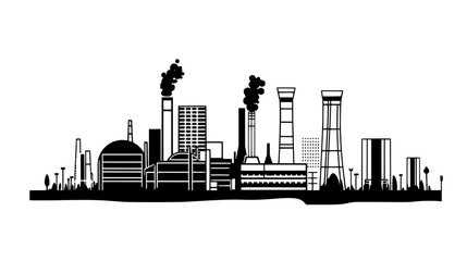 Wall Mural - Power plant with cooling towers, a network of pipes, and a series of large buildings, vector illustration art