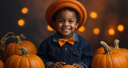 happy african american little boy with pumpkin