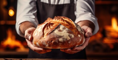 Wall Mural - Close up shot of skilled baker showcasing hot fresh white bread from oven in rustic kitchen With copyspace for text