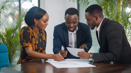 Poster - Three young African professionals collaborating on documents in a modern office setting.