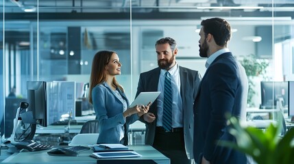 A business meeting in a modern office with a diverse team of professionals discussing a project.