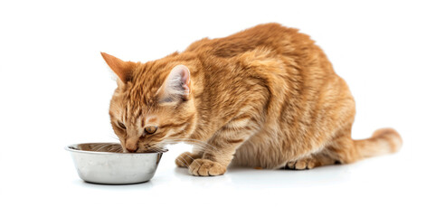 Wall Mural - A cat is drinking from a white bowl. The cat is looking down at the bowl, and it is enjoying its meal