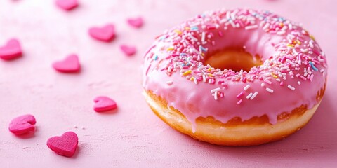 Canvas Print - Pink donut with sprinkles on pink surface