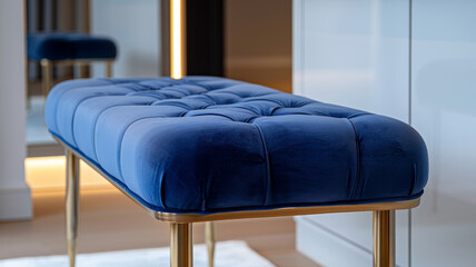 Wall Mural - Modern blue velvet tufted bench with gold legs in home interior