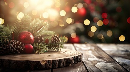 Empty wooden platform on festive Christmas background for product display.