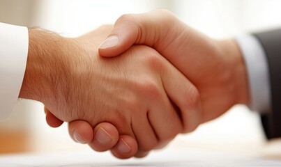 Two men shake hands in a business meeting. The handshake is firm and confident. Concept of professionalism and trust between the two men