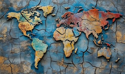 Wall Mural - A colorful, broken world map with the continents of Africa and South America missing. The map is cracked and torn, giving it a sense of destruction and chaos