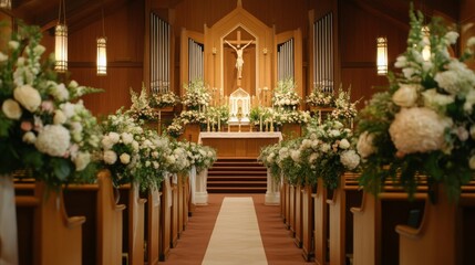 Wall Mural - A beautiful church sanctuary adorned with lush floral arrangements, preparing for a wedding ceremony filled with light and joy.