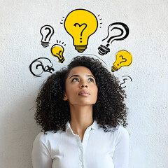a thoughtful woman with curly black hair, dressed in a white shirt, looking upwards with a contempla