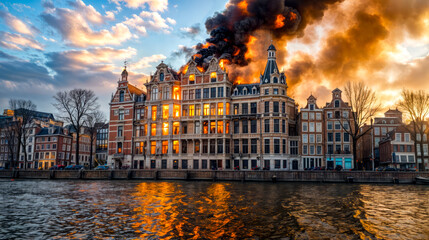 Poster - Large building with lot of smoke coming out of the top of it.