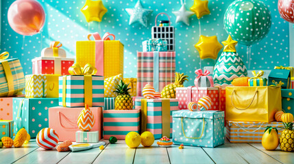 Room filled with lots of colorful boxes and wrapped presents on top of wooden floor.