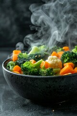 Sticker - Steaming bowl of mixed vegetables including broccoli, cauliflower, and carrots. Healthy and nutritious side dish or main course. Great for vegetarian and vegan diets. AI