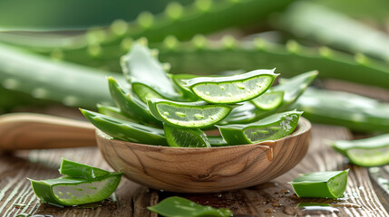 Fresh aloe vera leaves in a wooden bowl.