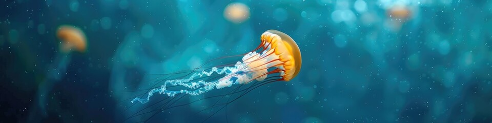 Canvas Print - Close-up of a yellow jellyfish gliding through clear blue waters.