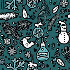 Wall Mural - Elegant winter christmas greenery seamless pattern with snow template element design. Festive rustic textile foliage pattern with tree, snowflake and decorative cloth fabric texture background.