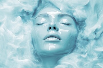 Poster - A stylized face submerged in a cyan and white abstract texture, with closed eyes and smooth skin, creating a serene and ethereal atmosphere