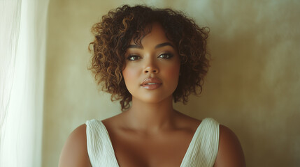 A confident plus-size model with a golden complexion and short, curly hair poses full height in a bold white gown against a neutral tan background with diffused lighting