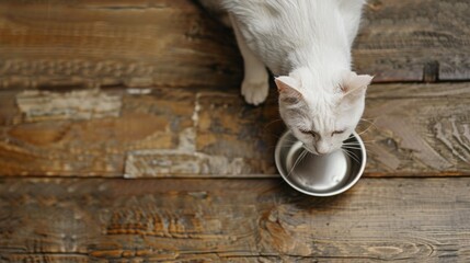 Wall Mural - A white cat is drinking from a metal bowl on a wooden floor. The cat appears to be enjoying its meal