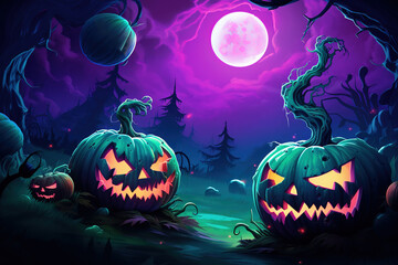 Wall Mural - Halloween pumpkins in a field with a full moon in the background