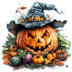 Poster - Halloween Pumpkin with carved face and witch hat is surrounded by autumn leaves and small pumpkins. Bright autumn still life with Halloween elements on a white background.