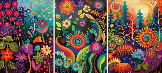 Wall Mural - Three colorful paintings of flowers and trees