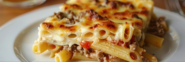 Sticker - Close-up of pastitsio featuring penne pasta, seasoned ground lamb, grated cheese, and tomatoes, topped with b�chamel sauce and melted cheese on a white plate.