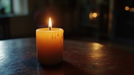 Poster - Wooden Table with Lit Candle