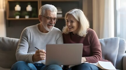 Elderly couple sitting on a couch using a laptop and a tablet in a cozy living room