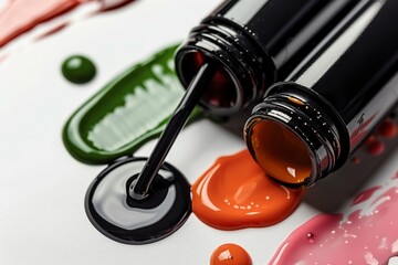 Wall Mural - Close-up of elegant nail polish bottles with colorful drops and brushes