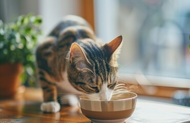 Wall Mural - A cat is eating from a bowl on a table. The scene is peaceful and calm, with the cat enjoying its meal