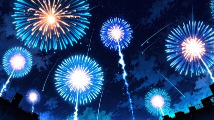 anime style blue fireworks display on a dark sky for b background