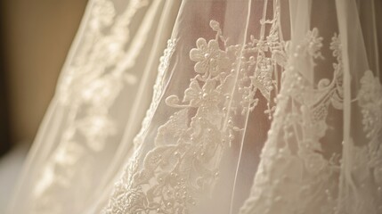 Aufkleber - Delicate lace adorns a wedding veil, highlighting the intricate floral patterns glimmering softly in ambient light.