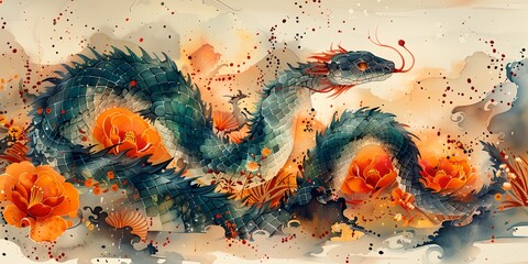 Wall Mural - A blue dragon with orange flowers on its tail. The dragon is surrounded by orange flowers and has a red tongue