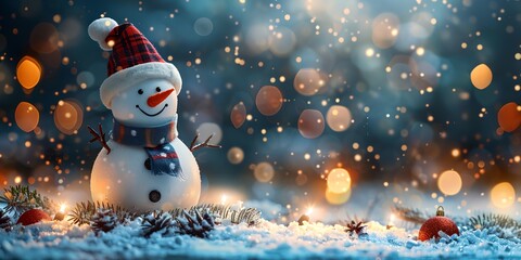 Wall Mural - A snowman with a red hat and scarf is standing in the snow. The snow is falling around him, creating a cozy and festive atmosphere