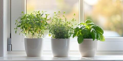 Wall Mural - Three potted plants sit on a windowsill, each with a different type of herb. The plants are arranged in a row, with the tallest one in the middle and the shortest one on the far left