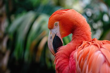 A flamingo is standing in front of a green tree