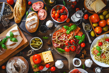 Mediterranean pasta dish with assorted vegetables and bread.