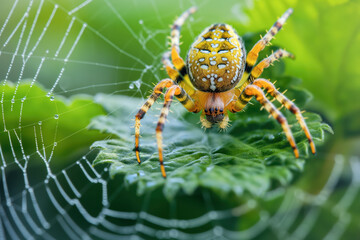 A spider is on a leaf with a web